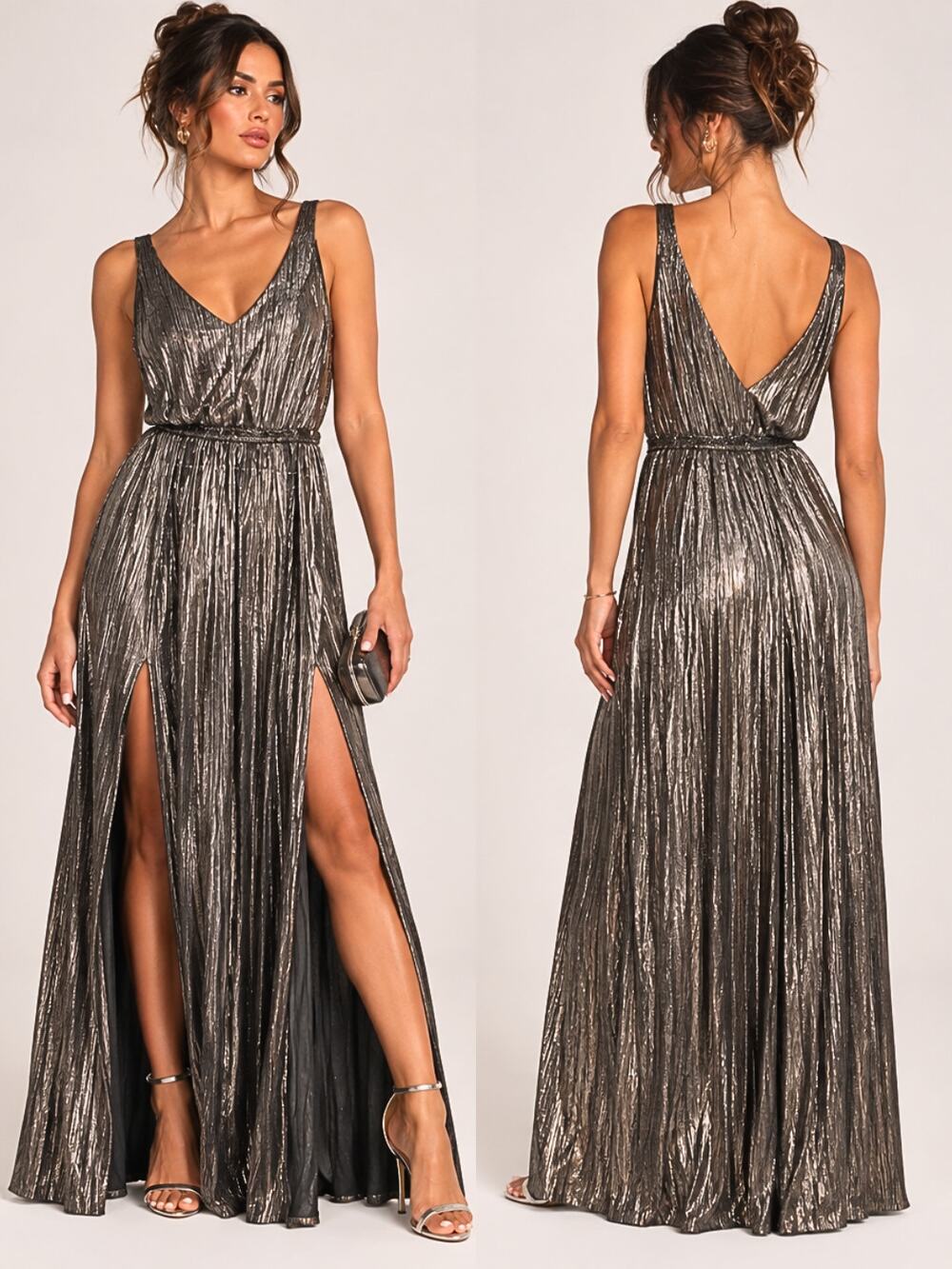 BCBGeneration Silver Metallic Double Slit Maxi Formal Evening Gown Dress XS